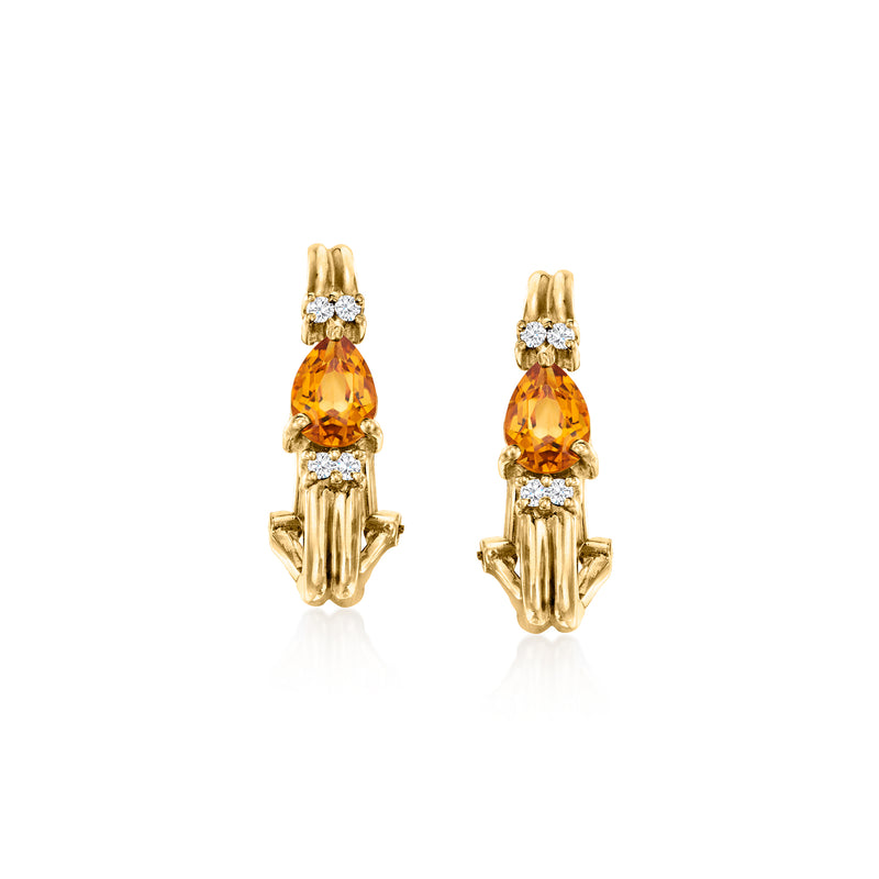 Curved yellow gold earrings with pear citrine and diamond accents, clip/post