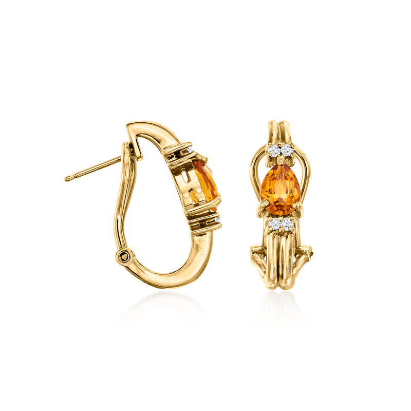Curved yellow gold clip earrings with orange pear citrine and diamond accents