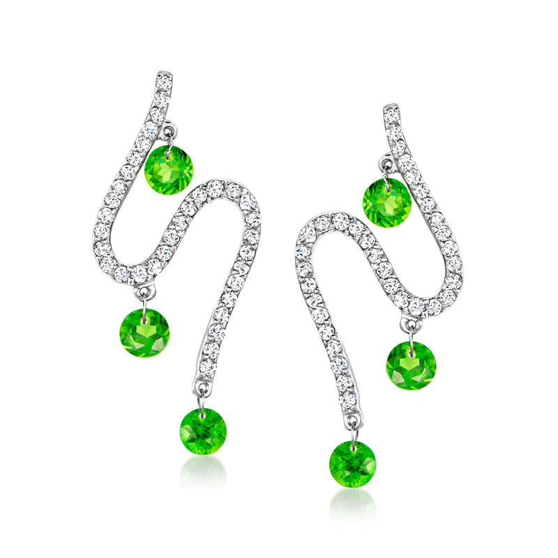 Swirl drop earrings with green chrome diopside and diamond accents, white gold post backs