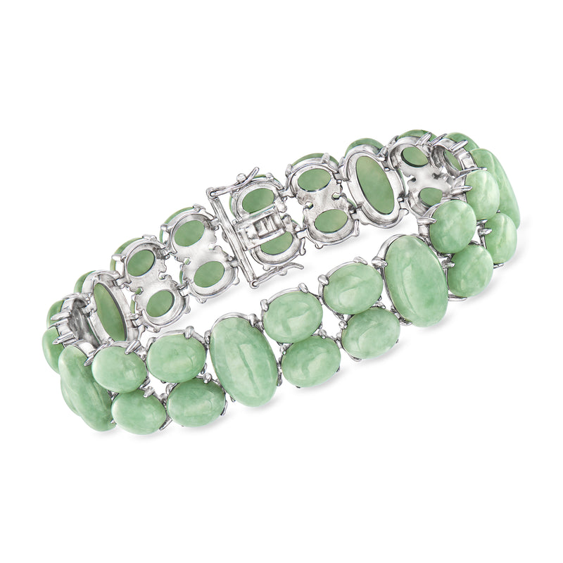 Sterling silver jade bracelet with green oval cabochons in link settings