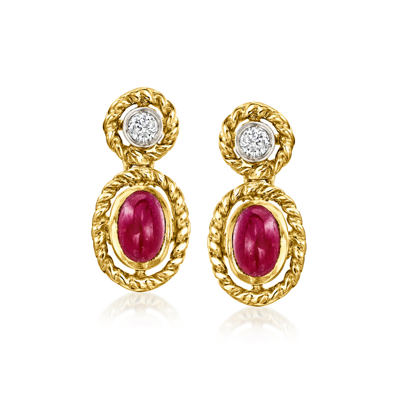 18kt yellow gold ruby and diamond drop post earrings, oval ruby with round diamond accents