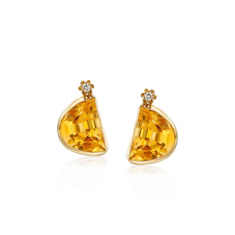 Yellow gold stud earrings with faceted pear-shaped citrine and small diamond cluster tops