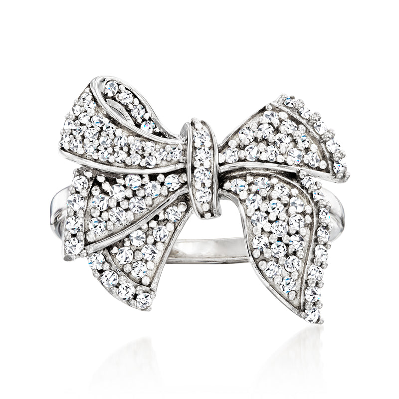 Sterling silver diamond bow ring with pavé-set stones
