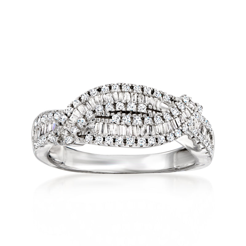Sterling silver diamond twisted ring with round and baguette stones