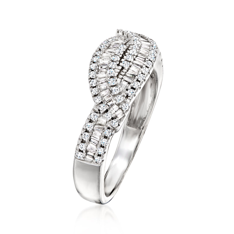 Diamond twisted ring in sterling silver with pavé and baguette stones