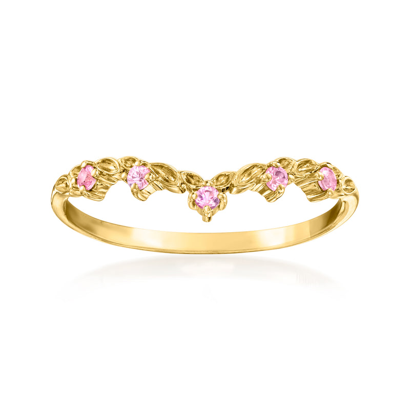 14kt yellow gold ring with pink sapphire floral clusters