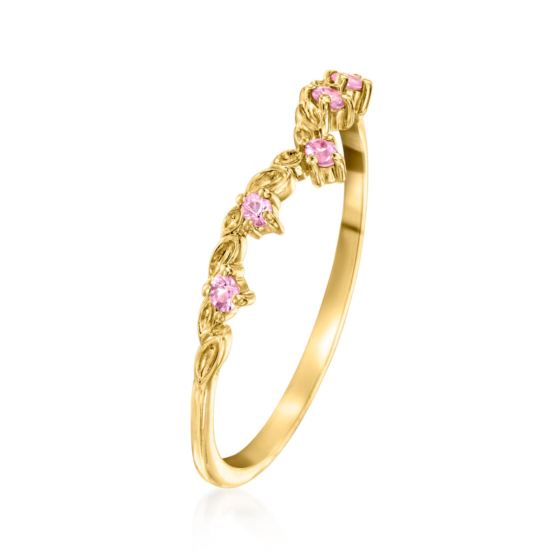 14kt yellow gold pink sapphire floral ring with curved profile and set stones