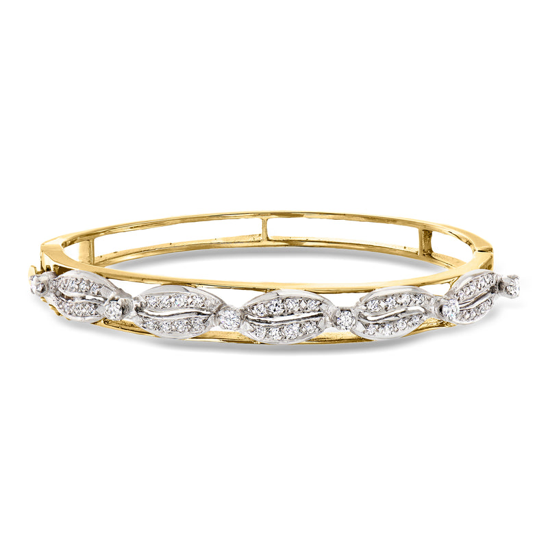 Gold and palladium diamond bangle with marquise link settings and hinged clasp