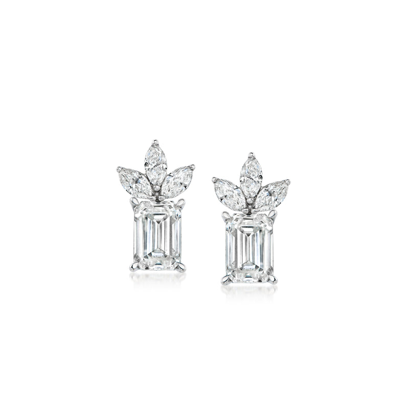 14kt white gold post earrings with emerald-cut center stones and marquise accents