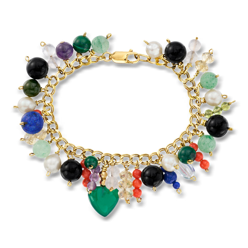 Yellow gold bead drop bracelet with multicolor gemstones and cultured pearl charms