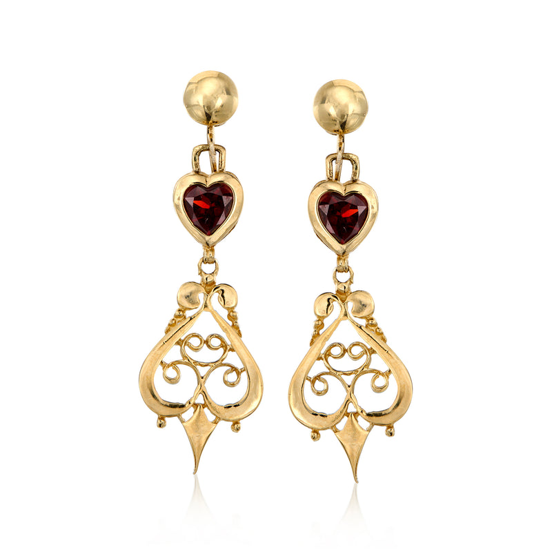 14kt yellow gold heart drop earrings with garnet red heart and filigree drops