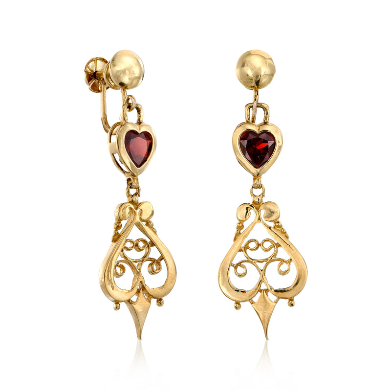 14kt yellow gold heart drop clip earrings with red garnet heart and openwork base