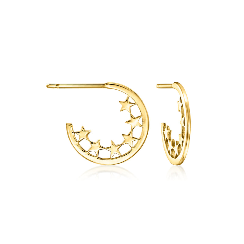 Yellow gold star C-hoop earrings with star cutouts, small hoop design