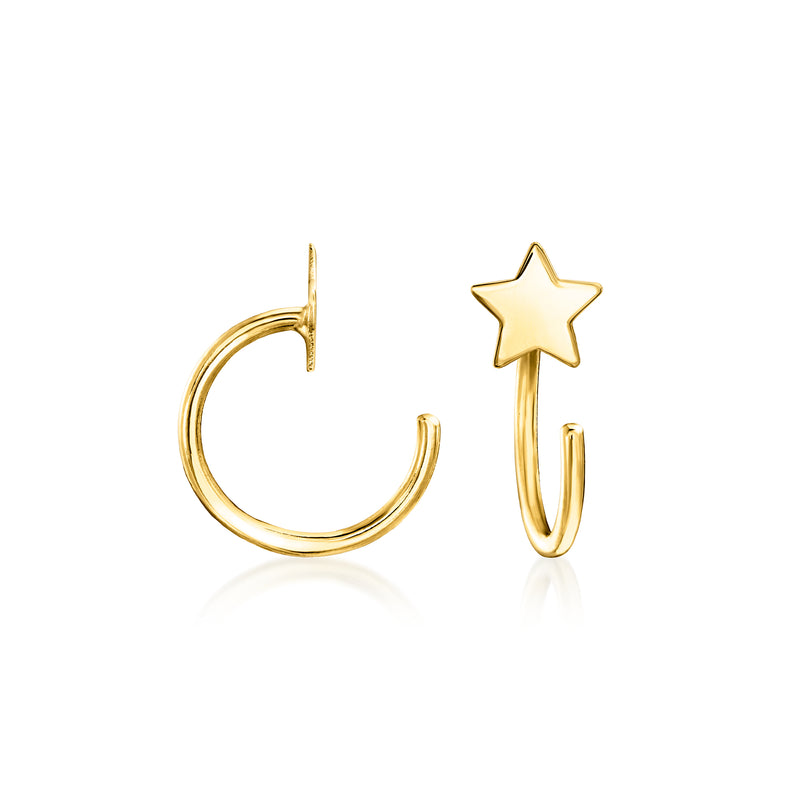 Yellow gold star open hoop earrings with attached star charm