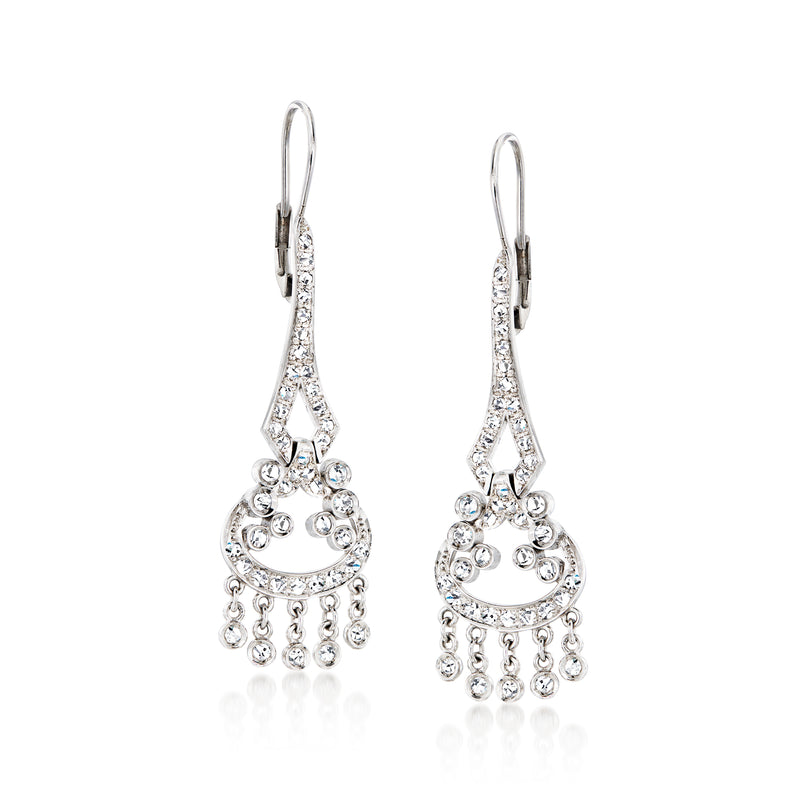White gold diamond chandelier earrings with leverback and dangling bead fringe
