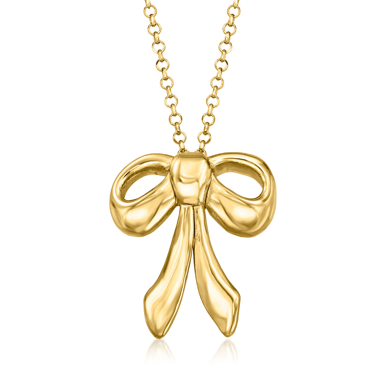 Gold bow pendant necklace with looped ribbon bow and gold chain