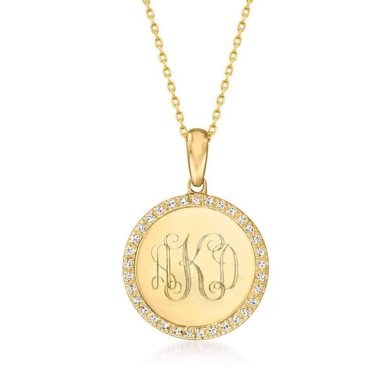 14kt yellow gold round disc pendant necklace with engraved monogram and diamond halo