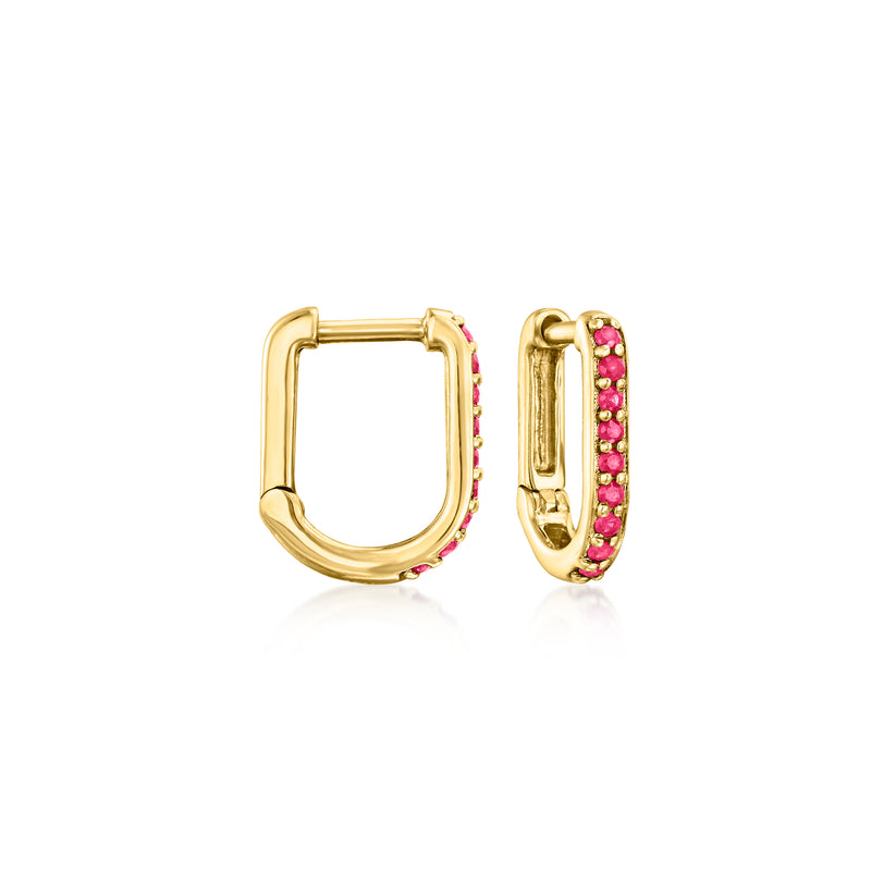 14kt yellow gold hoop earrings with pink ruby row accents