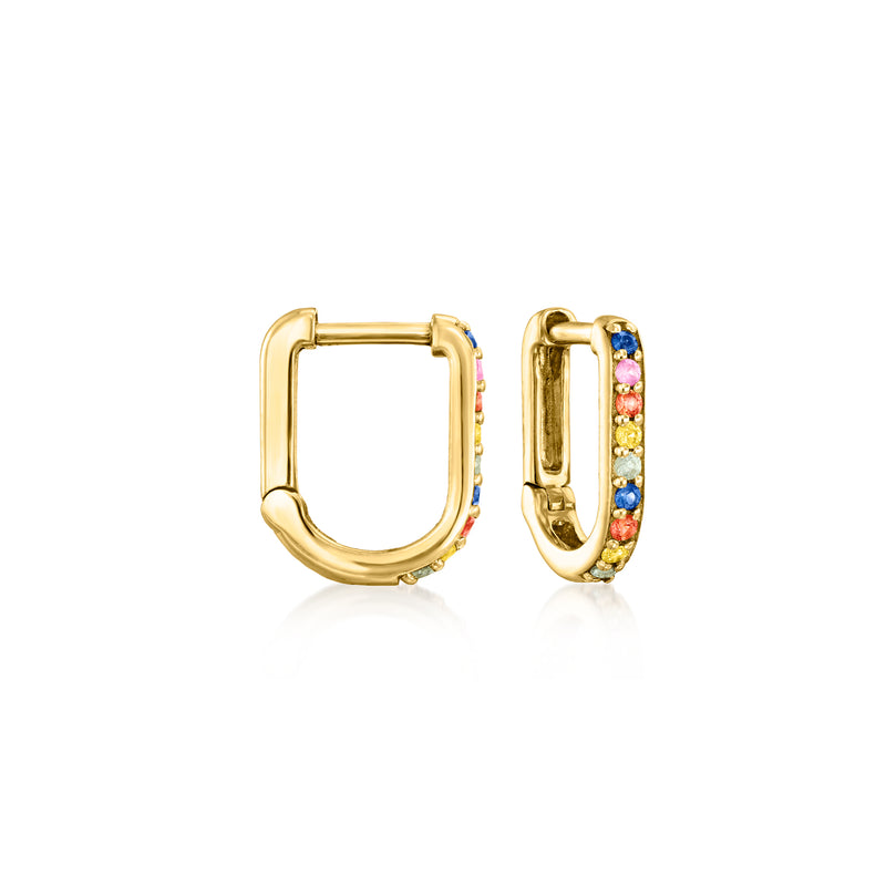 14k yellow gold hoop link earrings with multicolored sapphire inlay