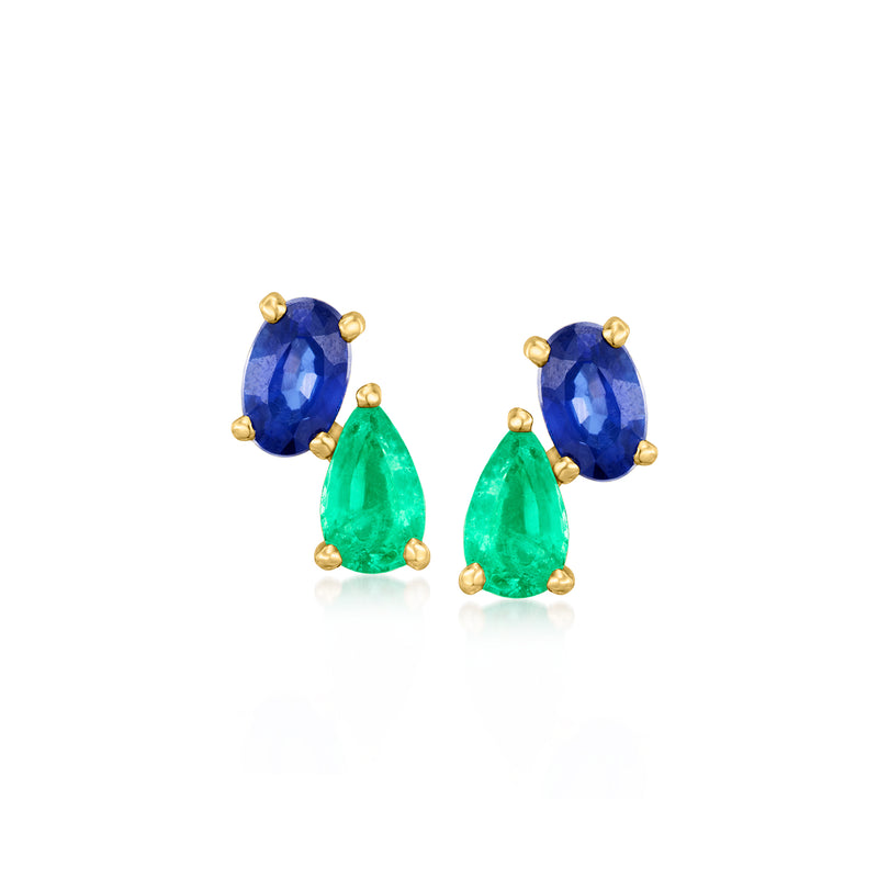 14kt yellow gold toi et moi post earrings, blue sapphire and green emerald stones
