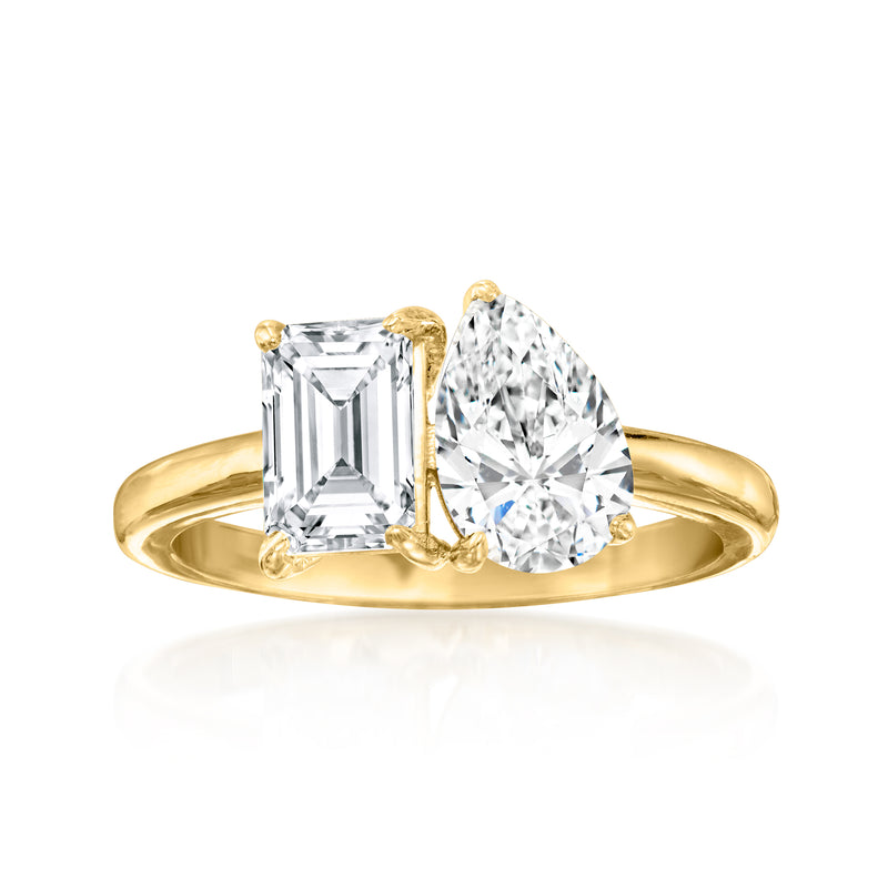 14kt yellow gold toi et moi ring with emerald-cut and pear-shaped lab diamonds