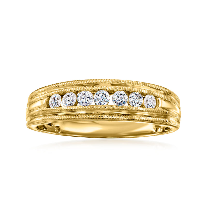 Men's 14kt yellow gold diamond wedding band with five round stones, ridged design