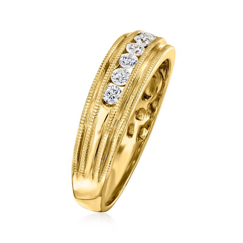14kt yellow gold diamond wedding band, angled view, five round stones in raised bands