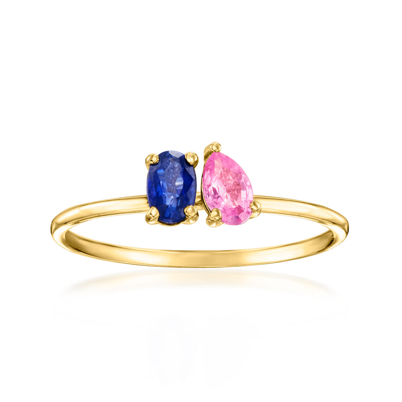 14kt yellow gold toi et moi sapphire ring with oval blue and pink stones