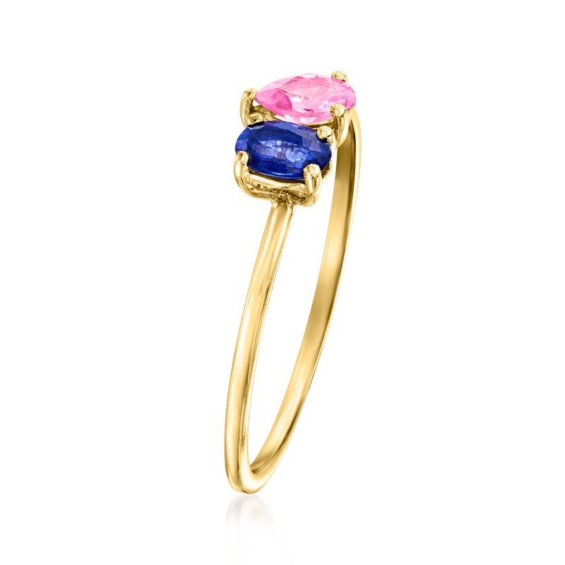 14kt yellow gold toi et moi sapphire ring with oval blue stone and pink stone setting