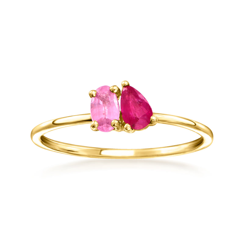 Ruby and pink sapphire toi et moi ring, 14kt yellow gold with two pink gemstones
