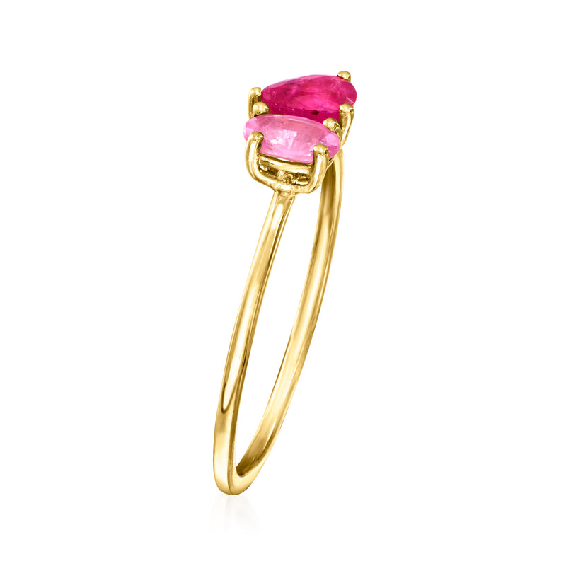 Ruby and pink sapphire toi et moi ring, 14kt yellow gold with pink square stone