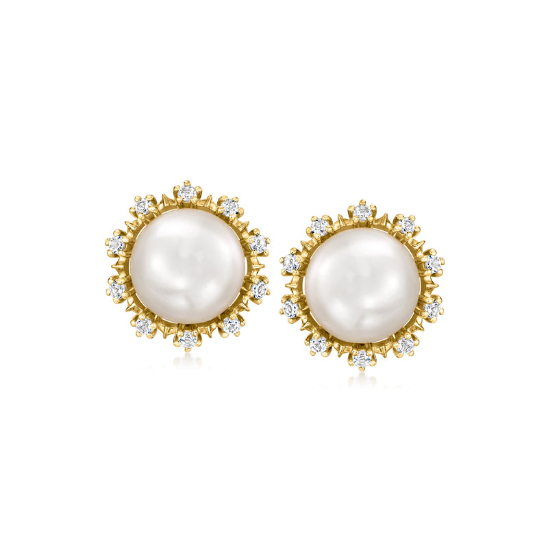 Cultured pearl stud earrings with topaz-style stone halo, round white pearl, gold setting