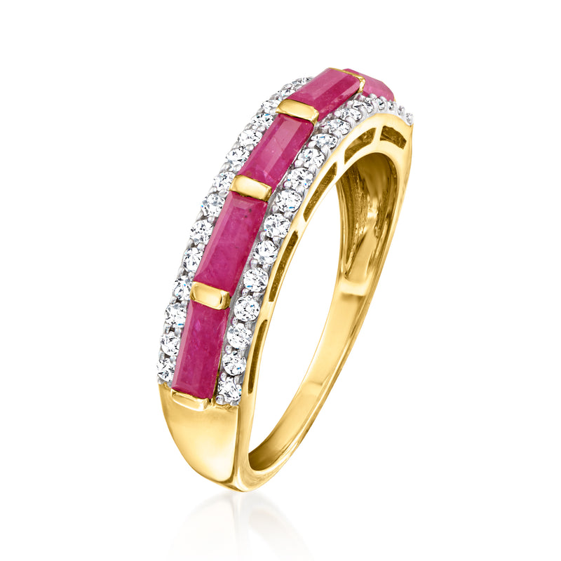 Ruby and diamond ring in 14kt yellow gold, with channel-set rubies and pavé diamonds