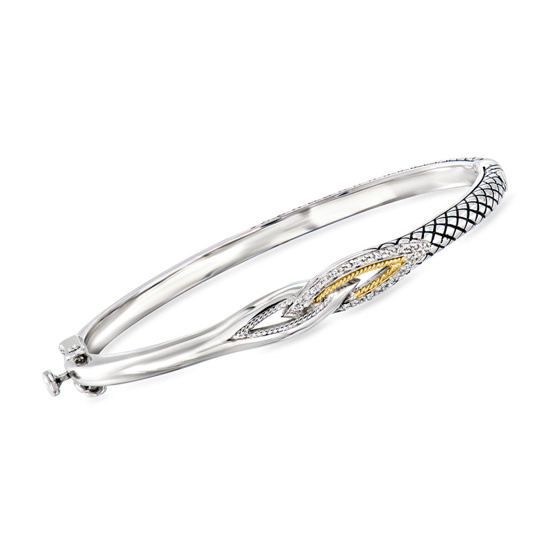 Sterling silver bangle bracelet with black enamel and yellow gold accents, diamond details