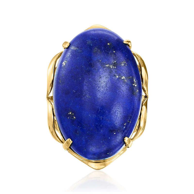 Vintage yellow gold ring with oval lapis lazuli gemstone, bezel prongs