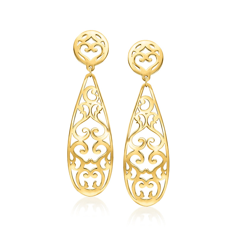 Yellow gold openwork floral drop earrings, teardrop filigree design