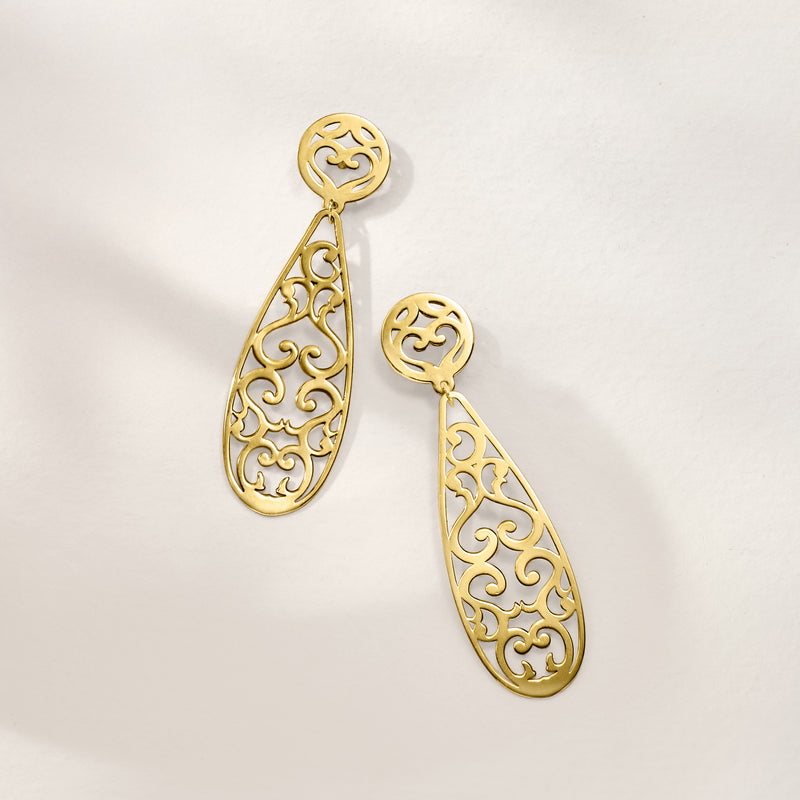 Yellow gold floral openwork drop earrings with round top and teardrop drops