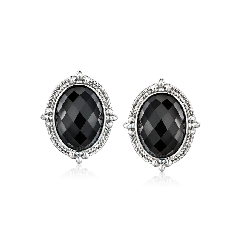 Oval black enamel onyx earrings with ornate sterling silver bezel, stud/post style