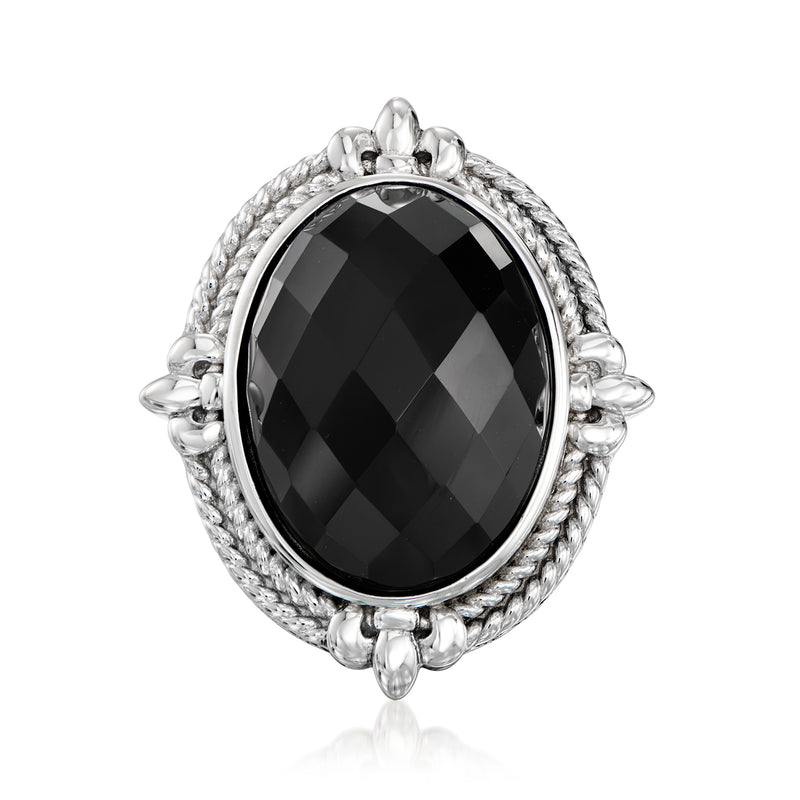 Sterling silver oval onyx-style ring with faceted black stone and braided bezel