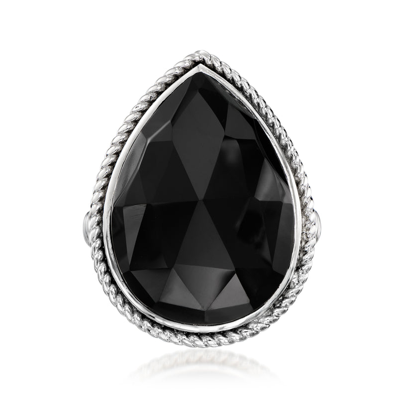 Sterling silver teardrop ring with black enamel and braided edge detail