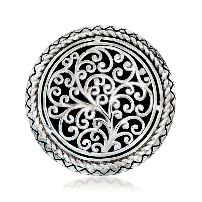 Sterling silver filigree ring with black enamel center and braided rope border