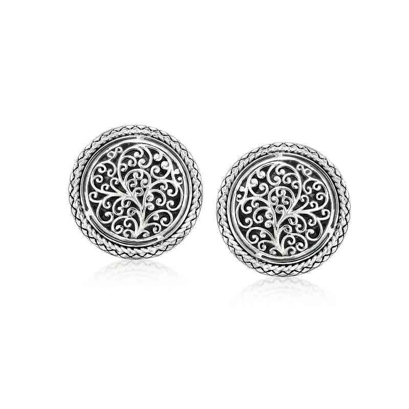 Sterling silver round earrings with black enamel filigree tree motif
