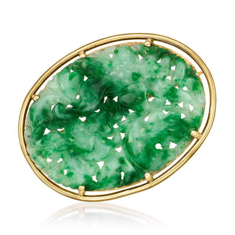Vintage oval carved jade pin in 14kt yellow gold bezel, green cabochon center