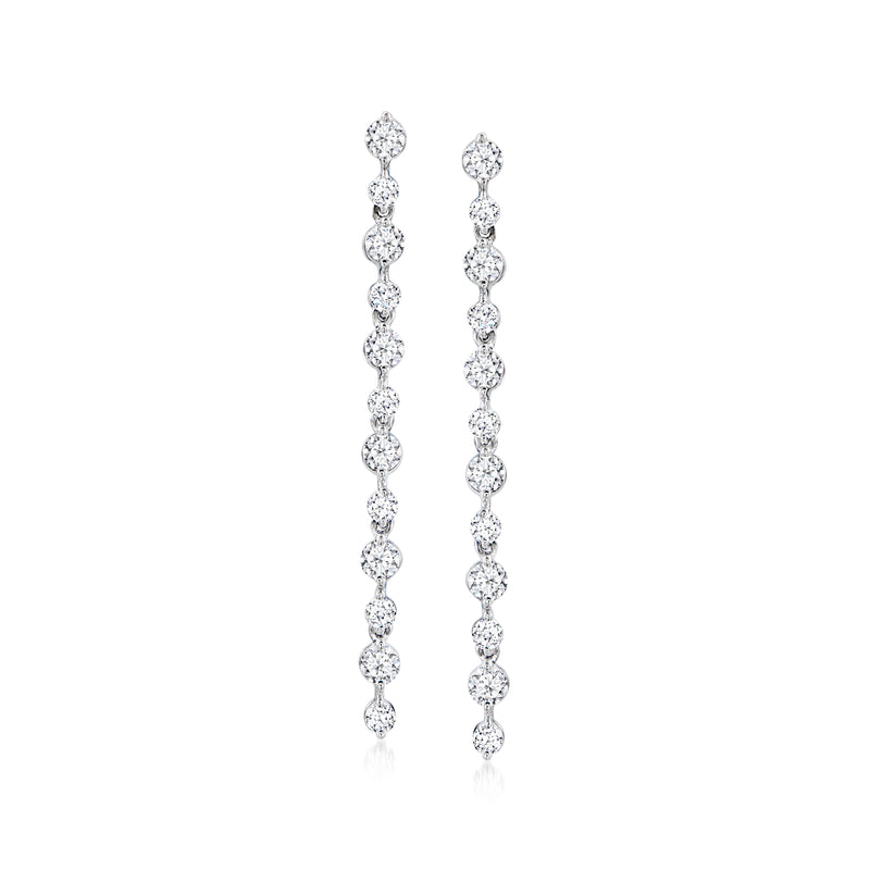 Linear drop diamond earrings in 14kt white gold, long row of round stones
