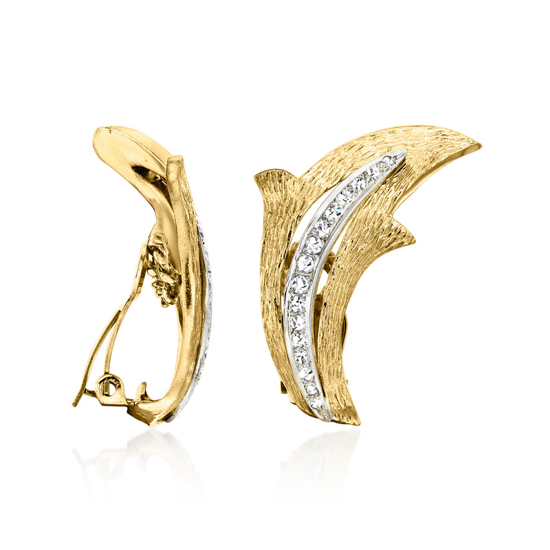 Vintage curved clip-on earrings in 14kt yellow gold with diamond accents
