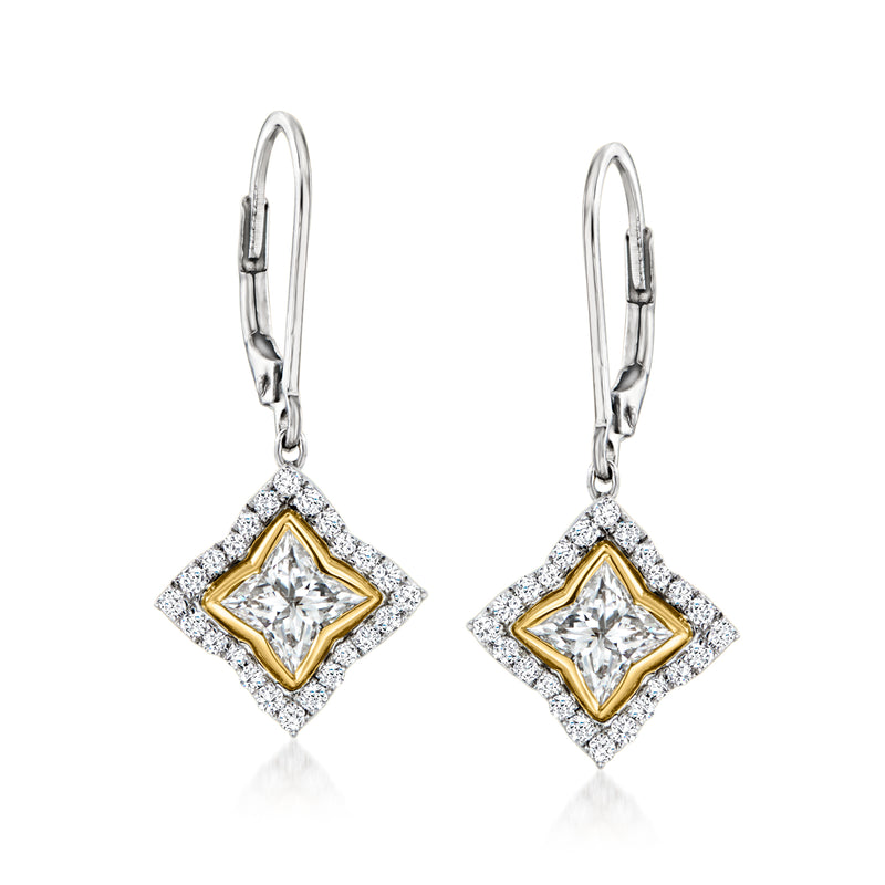 Two-tone gold leverback diamond drop earrings with square halo and dangling center stone