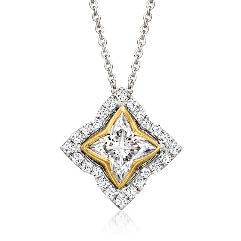 Two-tone gold diamond pendant necklace with square halo and princess-cut center