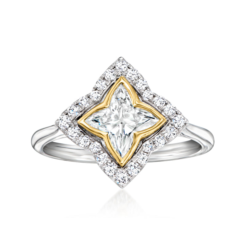 Two-tone gold diamond flower ring with center diamond and pavé halo