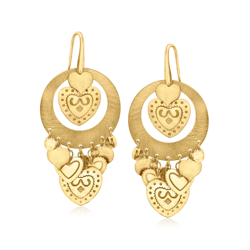 Gold-tone multi-heart drop earrings with circular top and dangling heart charms, earwire