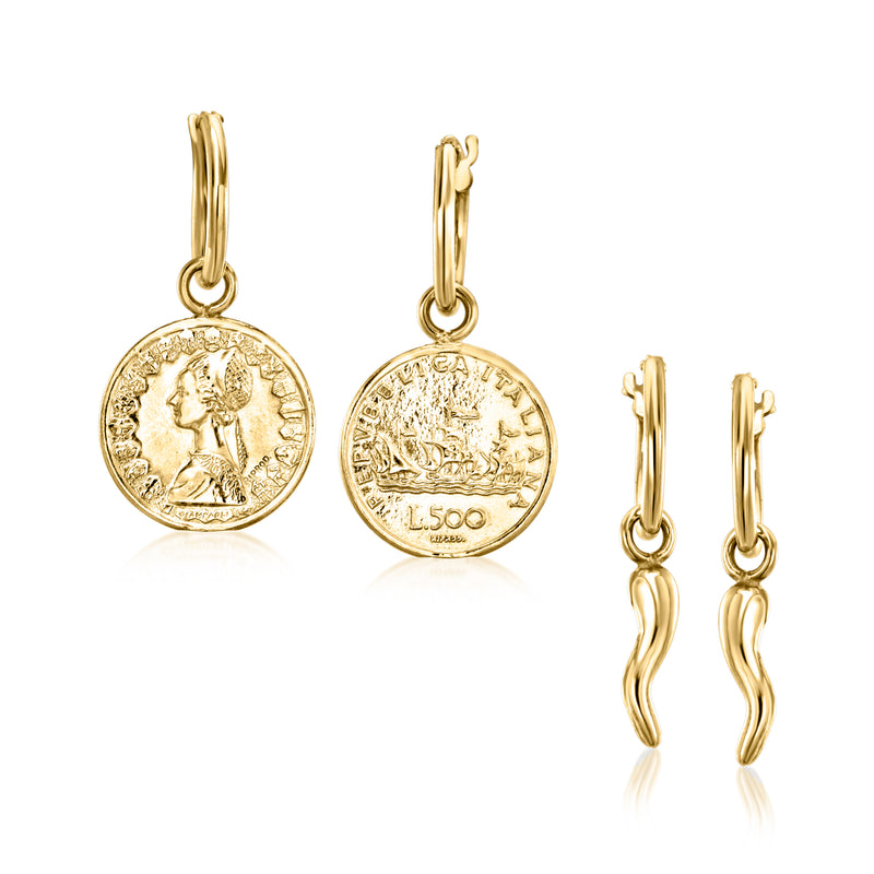 Gold-tone hoop earrings with round coin charm dangles